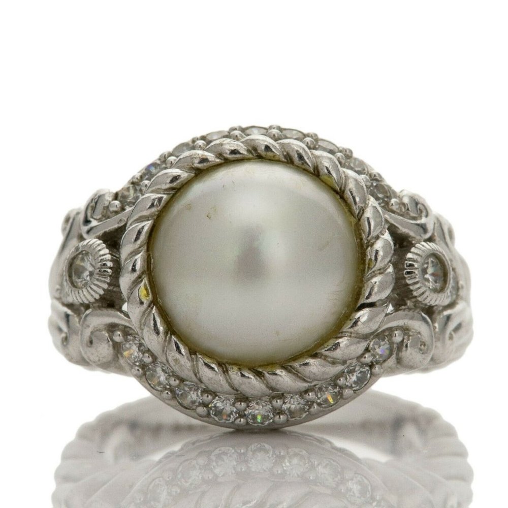 Judith Ripka Sterling Silver Pearl & Diamonique Rope Design Ring Size 8
